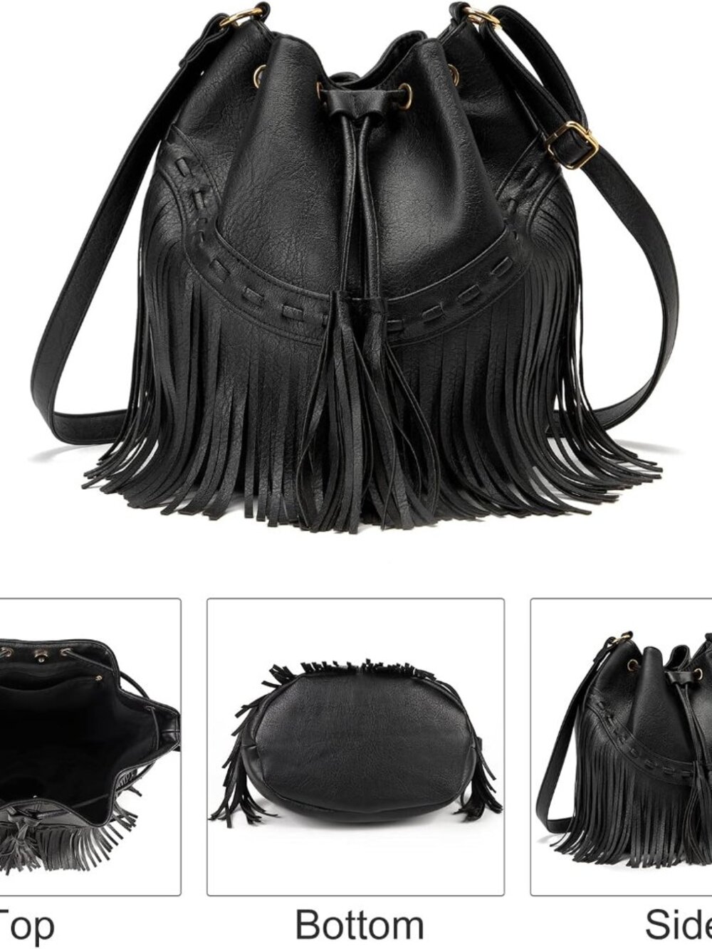 Leather Bucket Bags for Women Crossbody Fringe Purses with Drawstring Ladies Tas - Picture 8 of 8